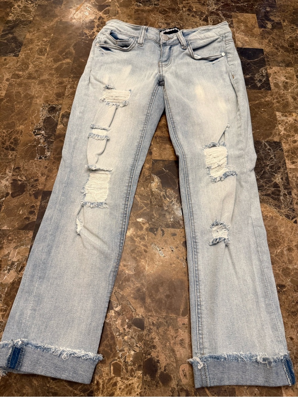 Dollhouse Light Blue Distressed Boyfriend Jeans with Frayed Cuffs